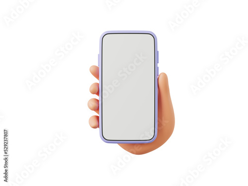 3D cartoon hand holding smartphone, 3D render