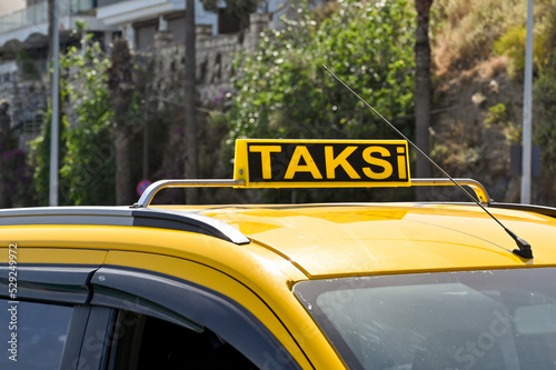 Close up view of the sign on the roof of a taxi cab in Turkey