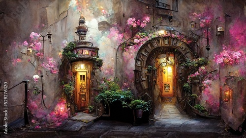 City street with magic doors. Fantasy art painting, digital art, printable wall art