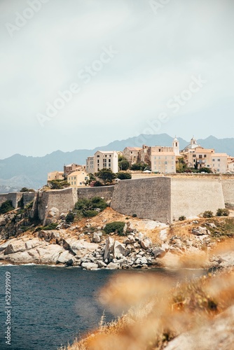 Vertical shot of the Citadel in Calvi Corsica with a waterscape and mountains in the background