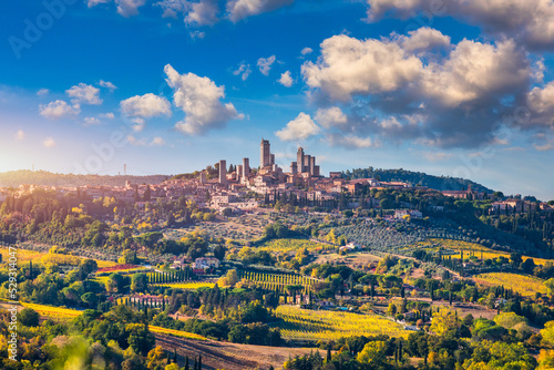 Town of San Gimignano, Tuscany, Italy with its famous medieval towers. Aerial view of the medieval village of San Gimignano, a Unesco World Heritage Site. Italy, Tuscany, Val d'Elsa.