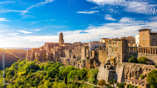 Medieval Pitigliano town over tuff rocks in province of Grosseto, Tuscany, Italy. Pitigliano is a small medieval town in southern Tuscany, Italy.