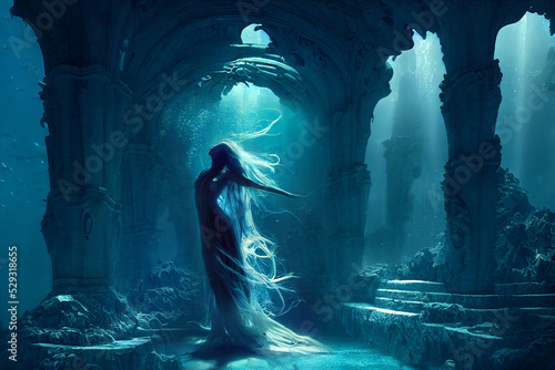 atlantis underwater scene, the magic ocean lady, beautiful young woman with long hair on the ground of the ocean, deep blue sea with mysterious lights, fictional person created with generative ai