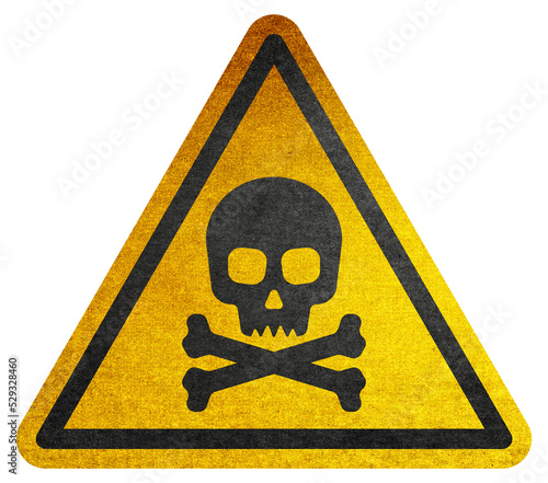 Yellow triangular sign. Grungy style danger sign with skull and cross bones. Rusty. Warning. Caution. Hazard. Danger. Worn out. 