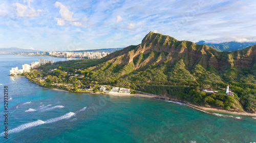Aerial view of Diamond Head crater with lighthouse in Honolulu on the island of Oahu in Hawaii