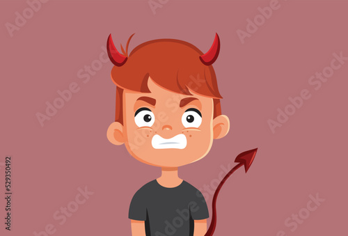 Naughty Evil Child Misbehaving Being Disobedient Vector Cartoon Illustration. Diabolical naughty boy feeling furious making a scene acting out 