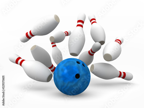 Blue Ball Hitting A Perfect Strike ,3D illustration