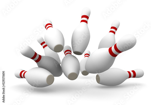 ten bowling skittles pins crashing, 3D illustration