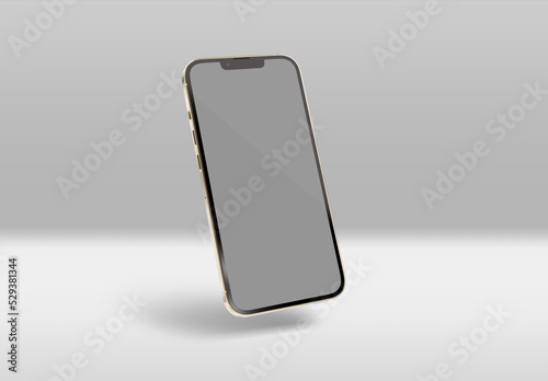 PARIS - France - April 28, 2022: Newly released Apple Smartphone Iphone 13 pro max realistic 3d rendering - Gold color front screen mockup - Smartphone floating on gold background