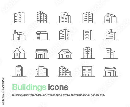 様々な建造物の立体的なアイコンセット。ビル,病院,倉庫,工場,住宅,学校,店舗,街並み,タワー等のシンプルなアイコンが含まれている。