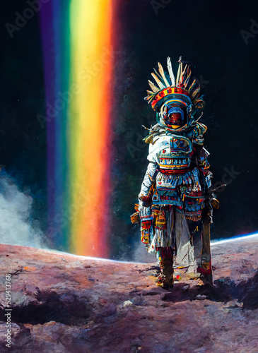 Aztec warrior, astronaut standing on the moon, rainbow lights, pride, LGBT