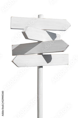 Blank white signpost with four planks in opposite way. Mock up, template