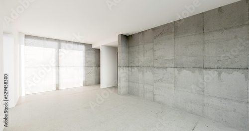 Puste niewykończone mieszkanie, betonowe podłogi i ściany. Aranżacja wnętrza. 3d render