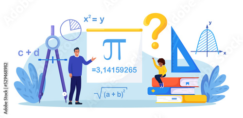 Math school subject. Pupil studying mathematics in classroom. Teacher pointing at chalkboard, teaching kids. Children learn maths, arithmetics, algebra and geometry. Education, knowledge