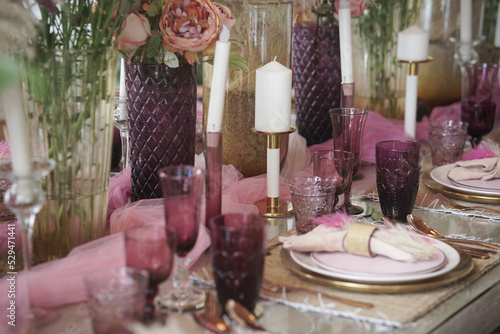 glass dishware on dining table. party banquet
