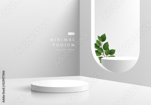 Abstract 3D background, Realistic white and gray cylinder pedestal podium in arch window and green leaf. Minimal wall scene for mockup product display. Vector geometric forms. Round stage showcase.