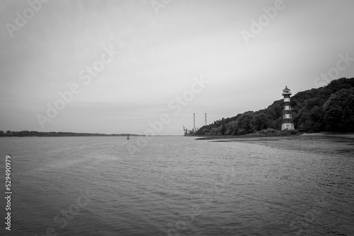 a small lighthouse on the Elbe in Hamburg