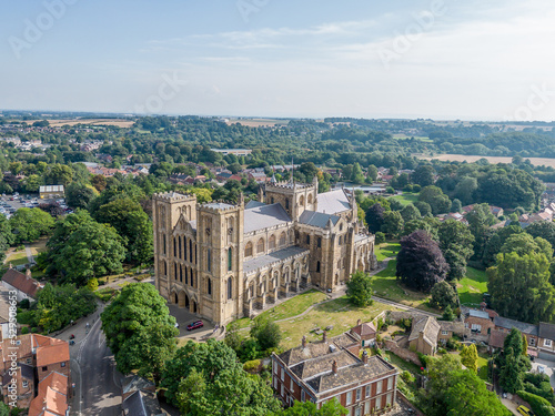 Ripon Cathedral North Yorkshire place of worship church and wedding venue. Drone aerial view of Ripon town centre and cathedral. Yorkshire England, United Kingdom 