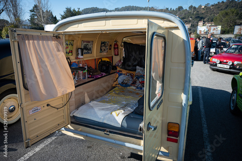 Detail of the interior of a Citroen 2cv van converted to a campervan