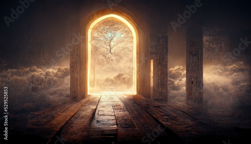 A stone road leads to a portal to another dimension. 3D illustration