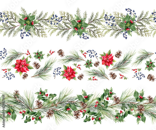 Christmas seamless border. Watercolor winter floral banner. Poinsettia, fir branches, cones, ilex, holly berry. Holiday illustration 