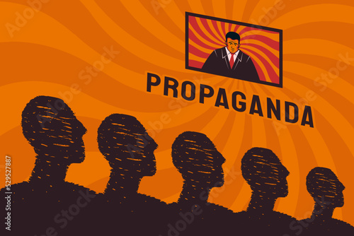 A stylized crowd of people looks at the TV screen, a symbol of propaganda in a totalitarian state. Zombification of citizens, the stupidity of the nation.