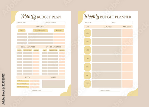 Monthly and weekly budget planner, planer in pastel colors