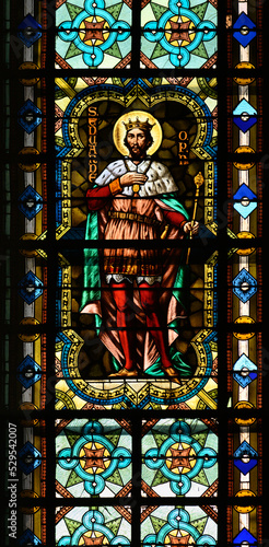 Stained-glass window depicting Saint Edward the Confessor. Blumental church in Bratislava, Slovakia. 2021/07/20.