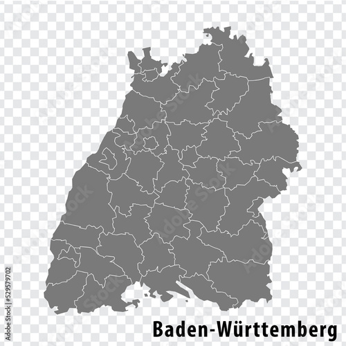 Map Free State of Baden-Wurttemberg on transparent background. Baden-Wurttemberg map with districts in gray for your design. Land of Germany. EPS10.