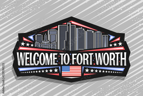 Vector logo for Fort Worth, art design black sign with line illustration of famous american city scape on dusk sky background, refrigerator magnet with word welcome to fort worth and decorative stars