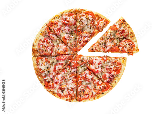 Pizza Margherita or Margarita with mozzarella cheese,tomatoes and basil on the thin dough top view. Sliced pizza with one separated piece isolated transparent png.
