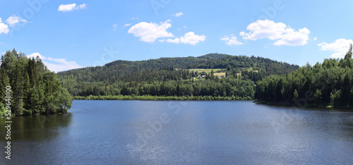 Beskid Mountains scenery on the dam of river Slawa in Poland