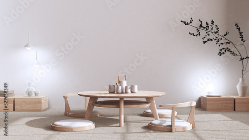 Minimalist Tea ceremony room in bleached and beige tones, japanese style. Table and chairs, tatami mats, meditation zen space. Japandi interior design
