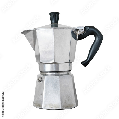 Old used Italian coffee maker isolated