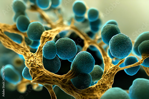 Abstract biology background, microscopic view of organic substance or cells. Candida fungi, Candida albicans, and other human pathogenic yeasts, 3D illustration. 