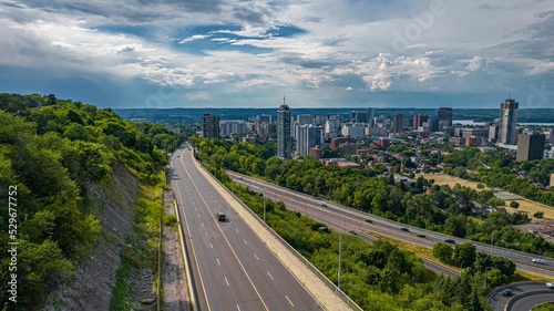 Aerial of the cityscape of Hamilton, Ontario with a display of a highway