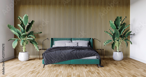 Sypialnia, prosta aranżacja z drewnianymi elementami i zielonym łóżkiem. Aranżacja wnętrza. Render 3d. 