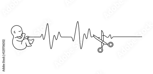 Fetus baby with heart beat pulse cut off scissors outline style vector illustration. Concept miscarriage or abortion