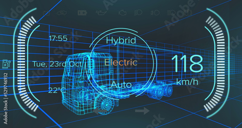 Image of speedometer and power status data on hybrid vehicle interface, over 3d truck model