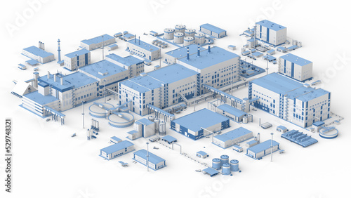 Plant in isometric view on white background. Small industrial buildings with pipes. Production halls and warehouses. 3d render