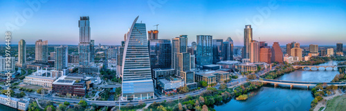 Austin, Texas cityscape near the Colorado River against the skyline horizon