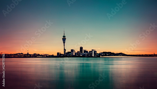 Auckland cityscape ocean water evening sky view painting