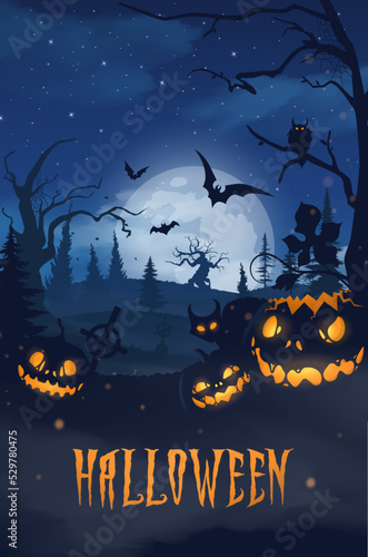 Happy halloween banner or party invitation background with violet fog clouds and pumpkins 