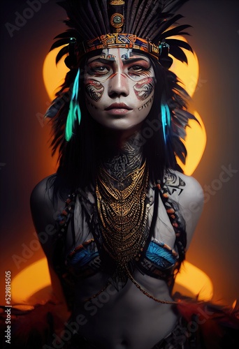 3d illustration of aztec woman warrior with crown of feathers