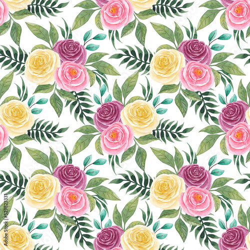 Seamless pattern of rose flowers and leaves. Watercolor illustration.