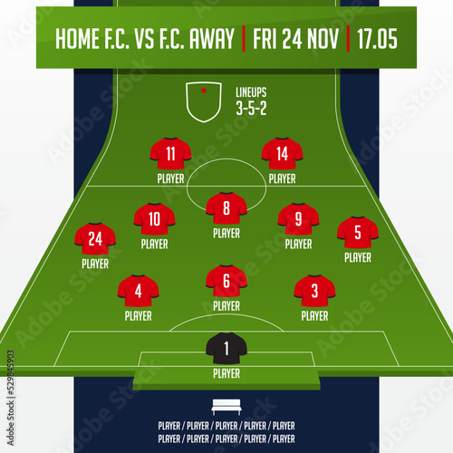 Football team formation, starting list or lineups infographic template. Set of football player position on soccer field. Football kit, soccer jersey icon in flat design. 