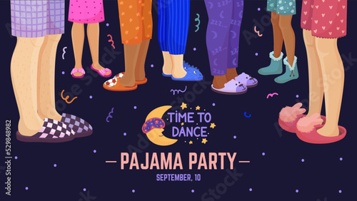 Pajama party background with casual slippers on human legs. Holiday relaxation, fun nightwear shoes. Night partying for girls at home, cozy neoteric vector invitation