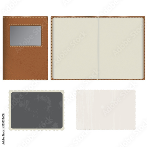 Vector set. An album in a leather cover with a window for a photo. The album is in an open form with cardboard gray pages. Vintage style photo cards with patterned edges.