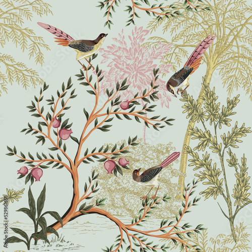 Park ink drawn trees, bird summer floral seamless pattern. Exotic landscape wallpaper. 