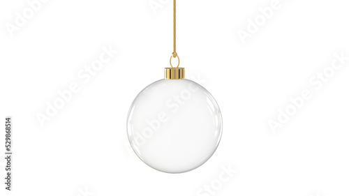 christmas ball blank glossy transparent glass hanging christmastree gold from top upright 3D rendering isolated